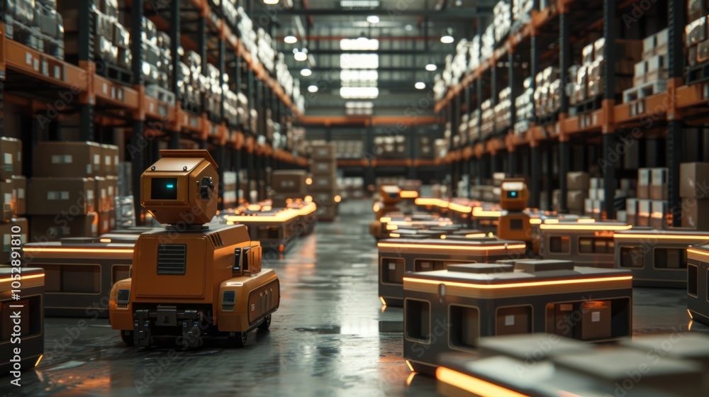 : A high-tech warehouse filled with autonomous robots handling inventory, symbolizing modern logistics and robotic automation. : A high-tech warehouse filled with autonomous robots handling inventory, symbolizing modern logistics and robotic automation.