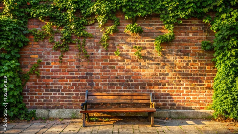 Obraz premium A solitary wooden bench sits before a red brick wall adorned with vibrant green vines, bathed in the warm glow of afternoon sunlight.