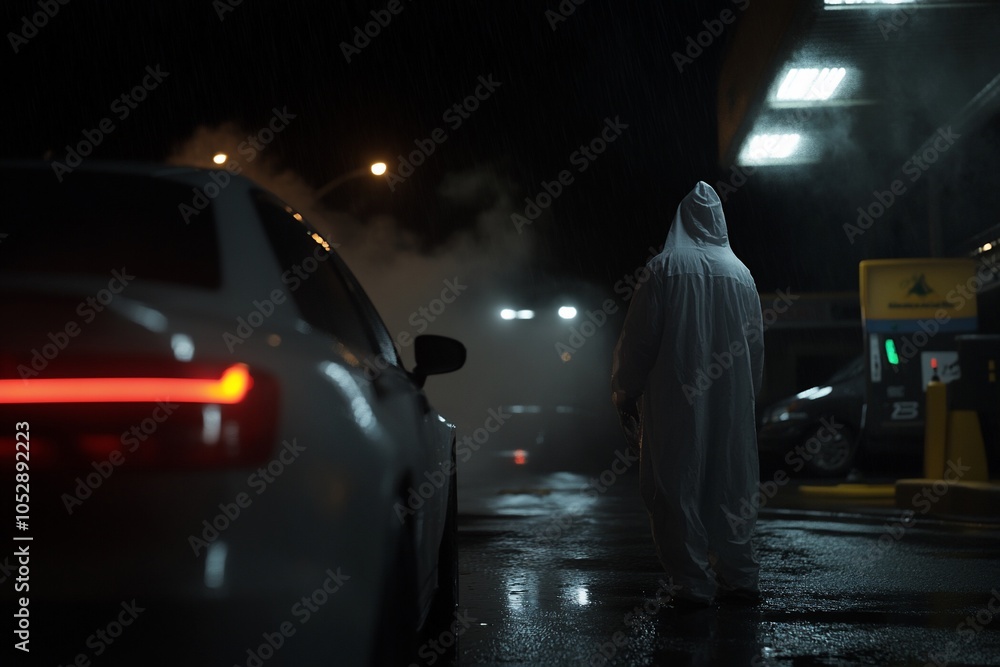 custom made wallpaper toronto digitalA hooded figure walks away from a car at a gas station at night in the rain.