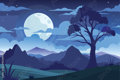 moonlit landscape with tree silhouette