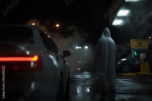 Wallpaper Mural A hooded figure walks away from a car at a gas station at night in the rain. Torontodigital.ca