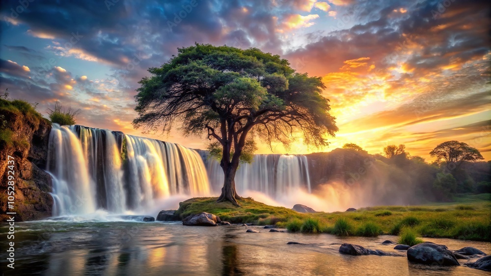 Powerful waterfall and large tree at sunset Powerful waterfall and large tree at sunset