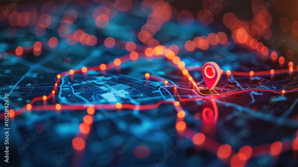 © Mas - Online navigation concept with digital Map with red pin marked destination and neon light road
