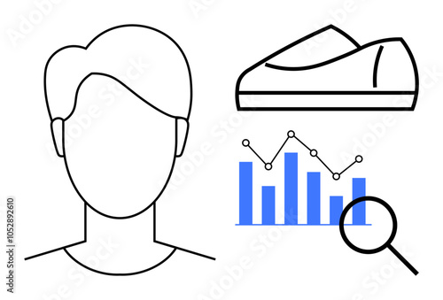 Head outline representing a customer avatar, bar graph with analytics, magnifying glass, and product shoe . Ideal for retail analysis, consumer behavior, marketing strategies, market research, data