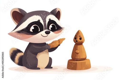 Cute Raccoon Carving Wood Sculpture photo