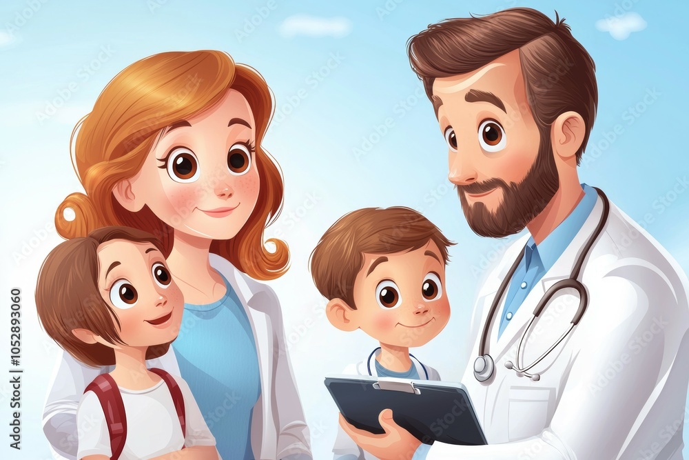 A cartoon doctor is holding a clipboard and talking to a family of four A cartoon doctor is holding a clipboard and talking to a family of four