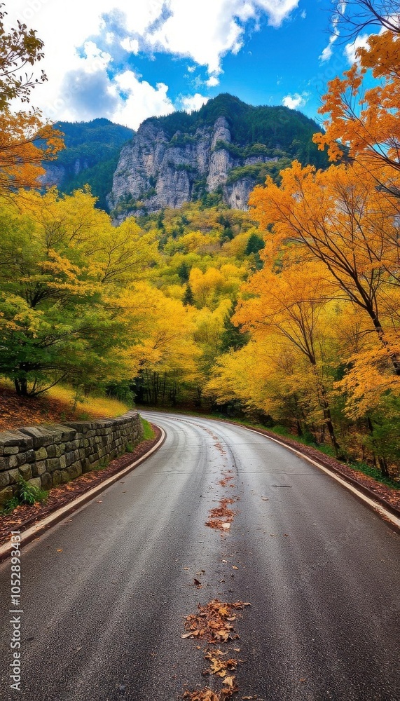 road with yellow trees and rocks in the background road with yellow trees and rocks in the background