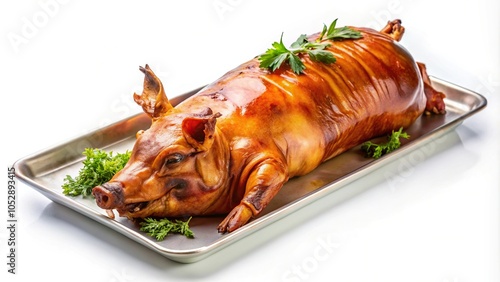 Presentation of a suckling pig carcass on a white background isolate festive piggy dishes the piglet will be baked in the oven or on a spit Forced Perspective