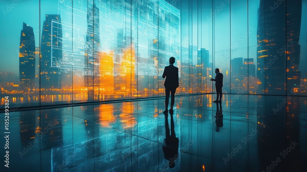 Two Silhouettes Standing Before a Window Reflecting an Illuminated Cityscape Two Silhouettes Standing Before a Window Reflecting an Illuminated Cityscape