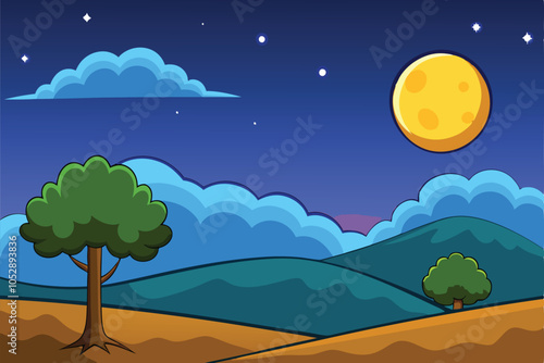 moonlit landscape with tree silhouette