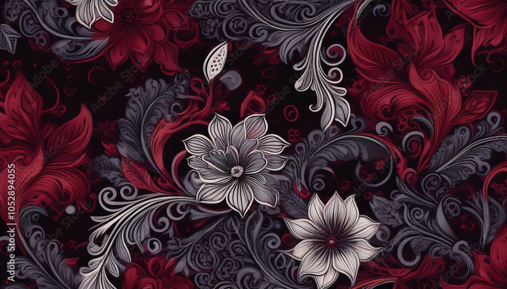 gothic pattern dark florals background, mysterious and dramatic atmosphere, burgundy, black, and silver colors. Banner, poster cover, design. gothic pattern dark florals background, mysterious and dramatic atmosphere, burgundy, black, and silver colors. Banner, poster cover, design.