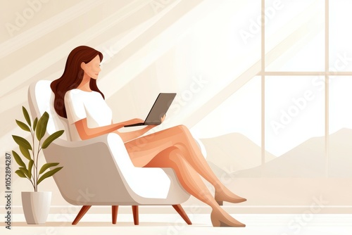 A woman is sitting in a chair with a laptop on her lap