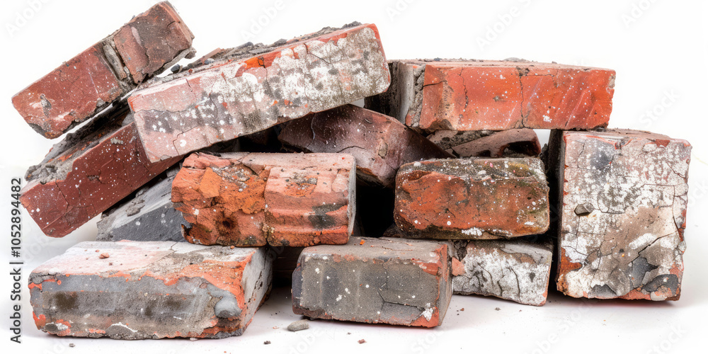 A pile of old, worn bricks and cinder blocks is on a white background. A pile of old, worn bricks and cinder blocks is on a white background.