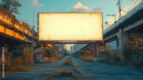 A large blank billboard stands in an abandoned city street, with overgrown vegetation and a faded sky in the background.