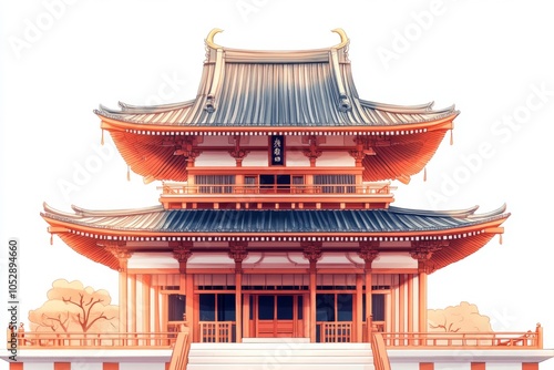 Traditional Japanese Temple with Curved Roof and White Background