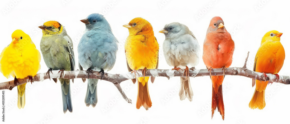 Fototapeta premium A row of birds sitting on branches against a white background, in a detailed painting with pastel colors.