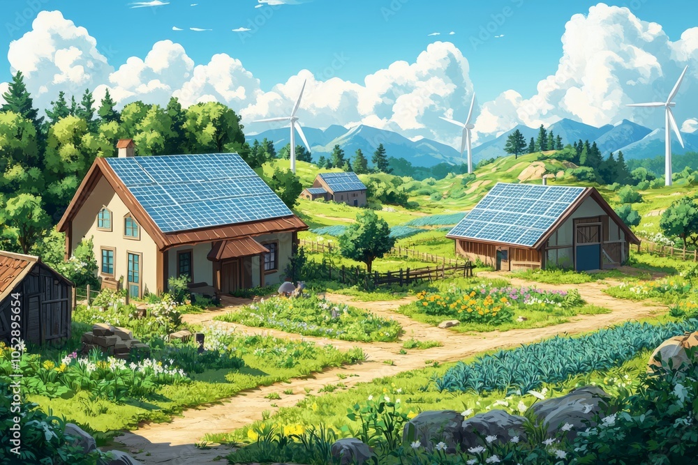 Sustainable Rural Village with Solar Panels and Wind Turbines Sustainable Rural Village with Solar Panels and Wind Turbines