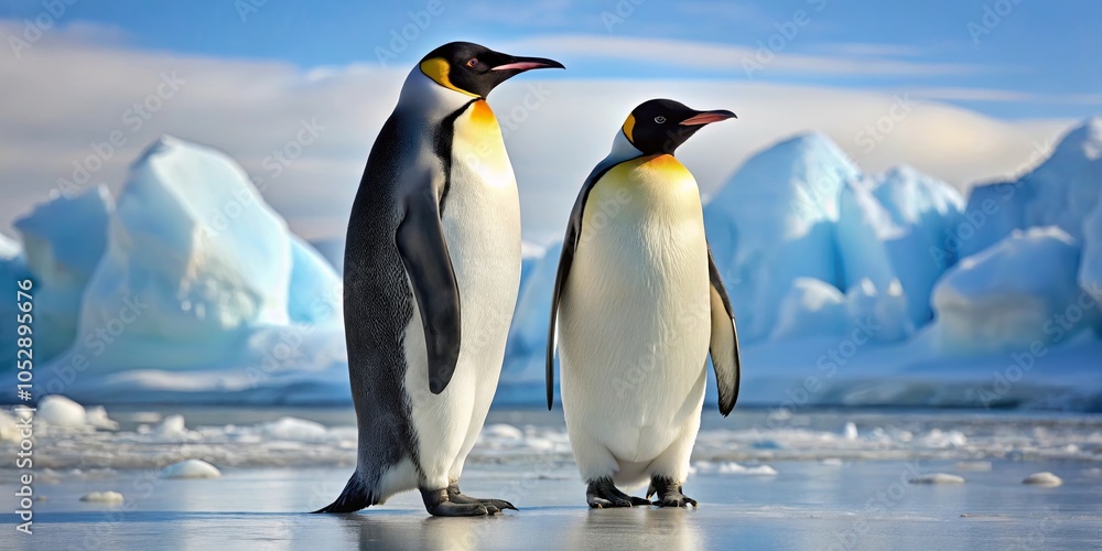 Obraz premium Two Majestic Penguins Stand Tall on a Frozen Shoreline, a Symphony of White and Black Against a Backdrop of Glimmering Icebergs