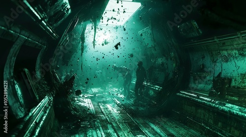 A space exploration crew encountering a zombie horde inside an abandoned spaceship, with eerie lighting and floating debris