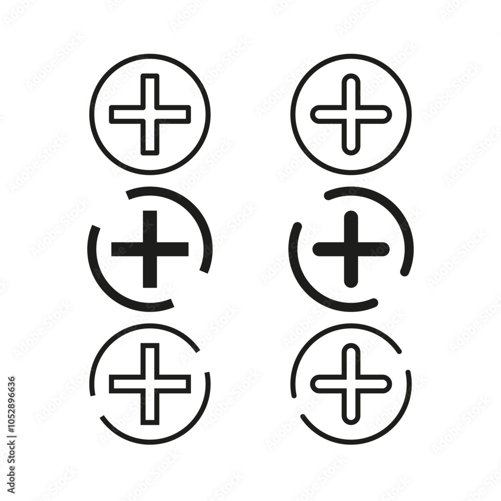 Plus icons. Add button symbols. Positive circular shapes. Vector illustration. Plus icons. Add button symbols. Positive circular shapes. Vector illustration.