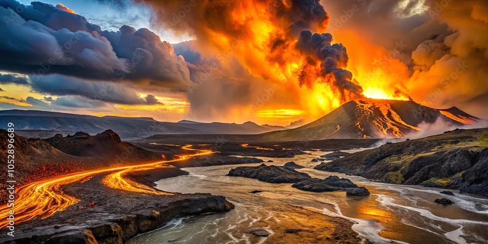 Naklejka premium A fiery volcanic eruption illuminates the landscape with molten lava flowing like rivers, creating a breathtaking spectacle of nature's raw power.