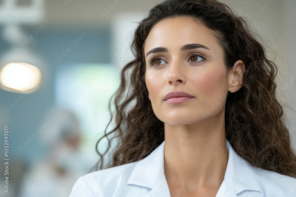 A woman with long hair and a white lab coat is looking at the camera A woman with long hair and a white lab coat is looking at the camera