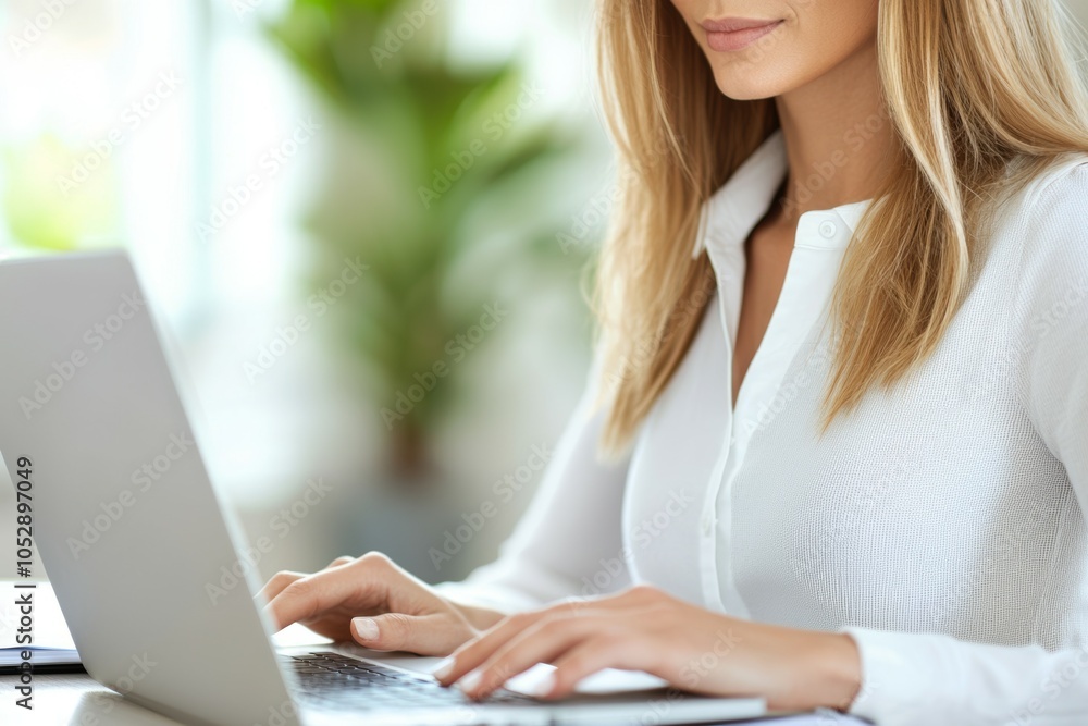 A woman is typing on a laptop in a room with a potted plant A woman is typing on a laptop in a room with a potted plant