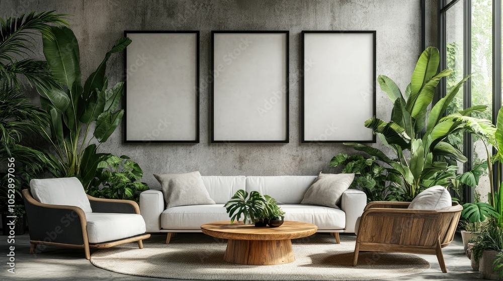 Fototapeta premium Minimalist living room with white sofa, two armchairs, wooden coffee table, three empty frames, and lush greenery.