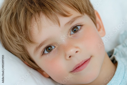 A young boy with brown hair and brown eyes is smiling