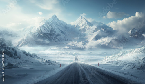 A frozen road leading to the snowy mountains, cinematic and hyper-realistic. photo