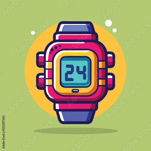 A colorful illustration of a digital wristwatch with the time set to 24:00. The watch is surrounded by a yellow circle with a green background.