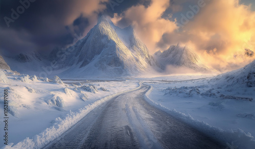 A frozen road leading to the snowy mountains, cinematic and hyper-realistic. photo