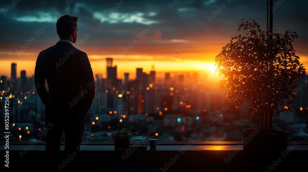 Fototapeta premium A Man in a Suit Looking Out a Window at a City Skyline during Sunset