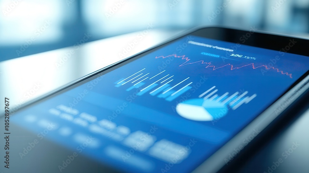 Closeup of a smartphone screen with financial data, fluctuating stock lines and pie chart, minimalist background Closeup of a smartphone screen with financial data, fluctuating stock lines and pie chart, minimalist background