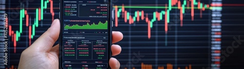 A hand holding a smartphone showing stock dashboard, with company logos, green and red trend lines, clean look