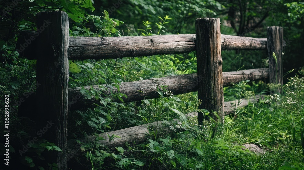 A close-up of a weathered wooden fence, with three horizontal rails and posts made of rough-hewn logs. The fence is overgrown with green foliage. A close-up of a weathered wooden fence, with three horizontal rails and posts made of rough-hewn logs. The fence is overgrown with green foliage.