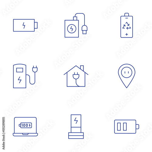 Charging icons set. Thin Line style, editable stroke. power bank, smart home, wireless charger, charging, eco battery, electric station, electric, laptop, low battery