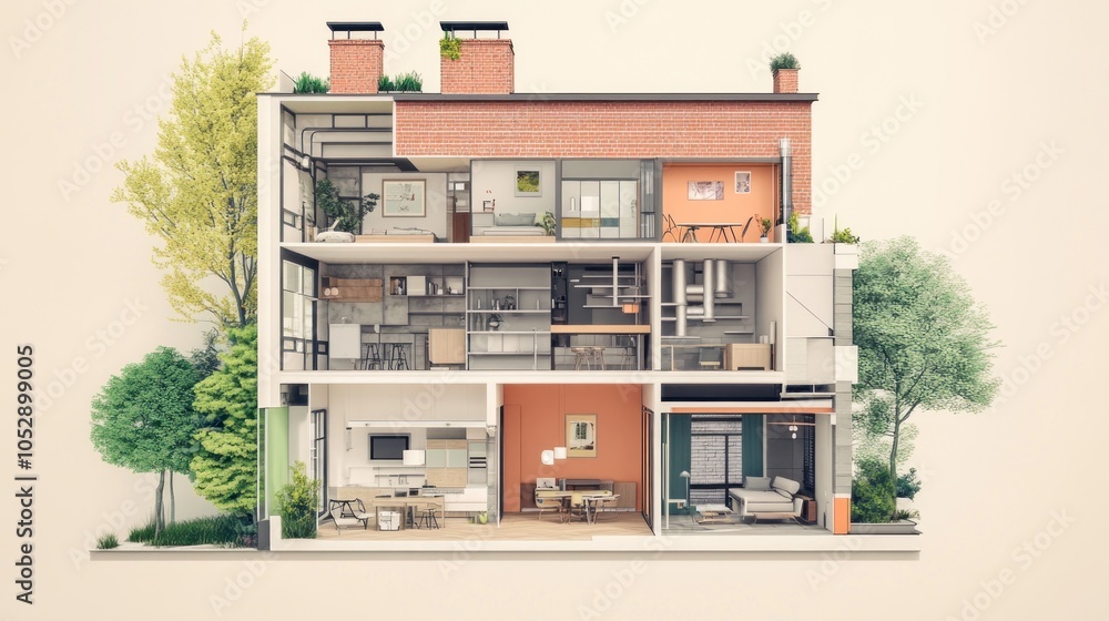 A cutaway view of a modern house with multiple rooms and furnishings, set against a light background. A cutaway view of a modern house with multiple rooms and furnishings, set against a light background.