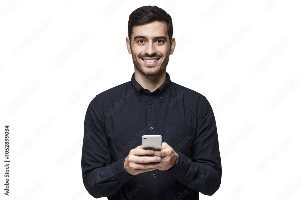Portrait of handsome young businessman dressed in deepl blue shirt, holding phone Portrait of handsome young businessman dressed in deepl blue shirt, holding phone