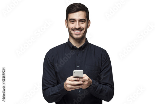 Portrait of handsome young businessman dressed in deepl blue shirt, holding phone photo