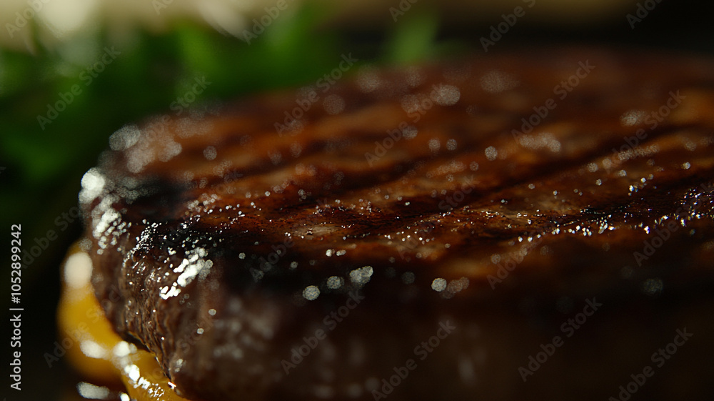 Grilled hamburger patty with melted cheese and herbs on a wooden surface Grilled hamburger patty with melted cheese and herbs on a wooden surface