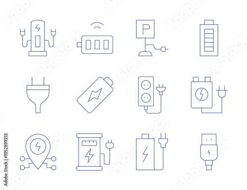 Charging icons. Thin Line style, editable stroke. battery, charge, charging, power, rechargeable battery, usb, charging station, parking, placeholder, power socket, plug