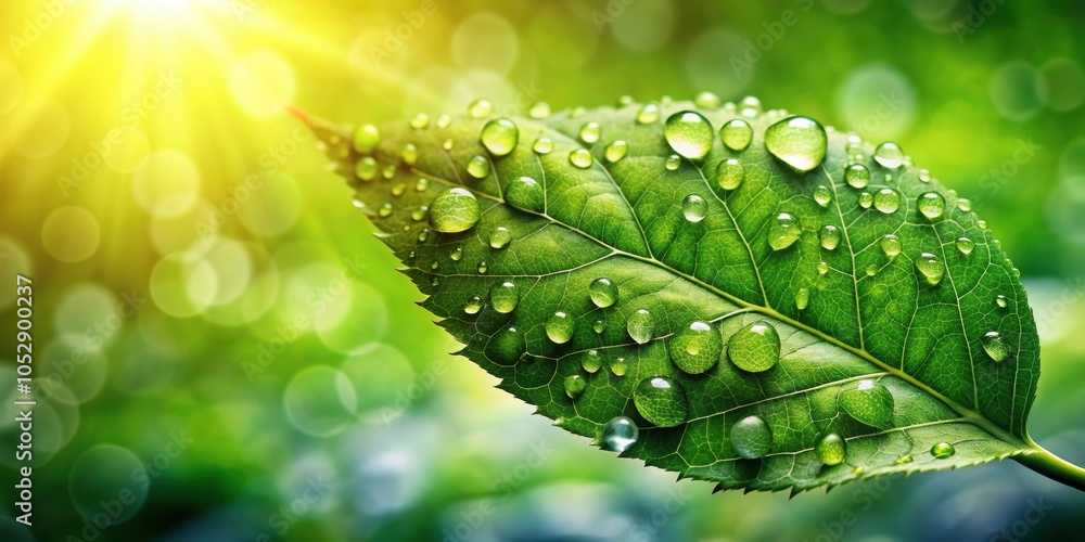 Fresh green leaf covered in water drops in a garden setting, environment, leaves, fresh, garden, morning, freshness, growth Fresh green leaf covered in water drops in a garden setting, environment, leaves, fresh, garden, morning, freshness, growth