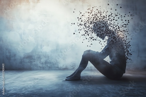 A silhouette of a person disintegrating into particles, symbolizing the fragility of the human mind, emotional release, and the transformation of thoughts into fragments.