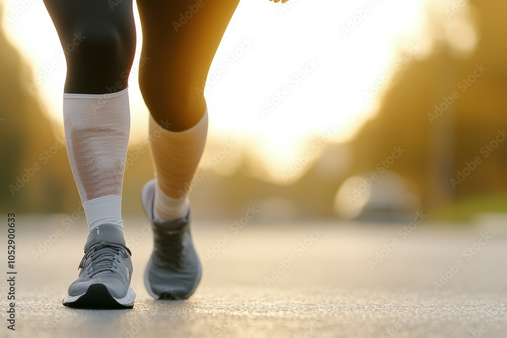 A woman is running on a road with her legs crossed A woman is running on a road with her legs crossed