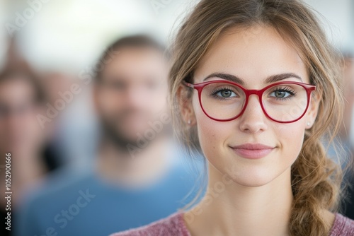 A woman wearing red glasses is smiling at the camera