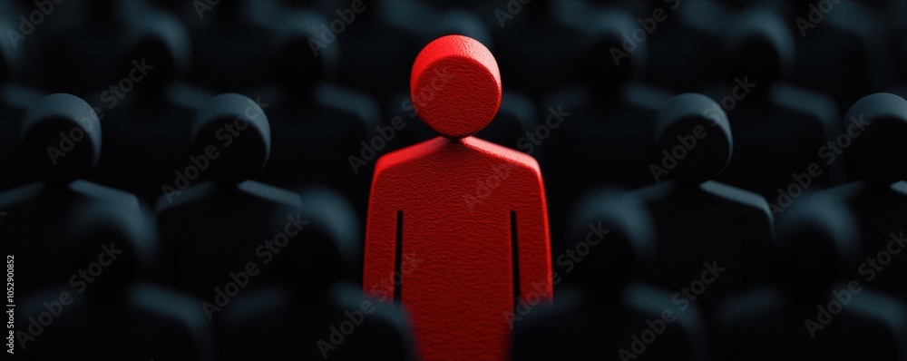 Fototapeta premium Person alone in a crowd, strings controlling others while they are isolated, toxic society manipulation loneliness, isolation and control