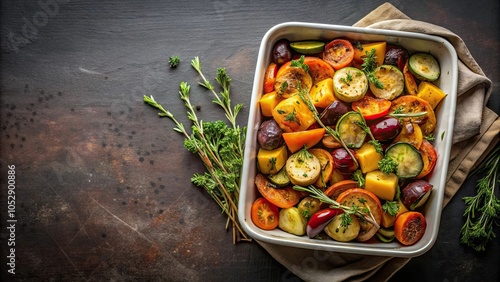 Baked vegetables with thyme in the oven dish on a dark background, oven, vegetables, thyme, baked, healthy, delicious, vegetarian