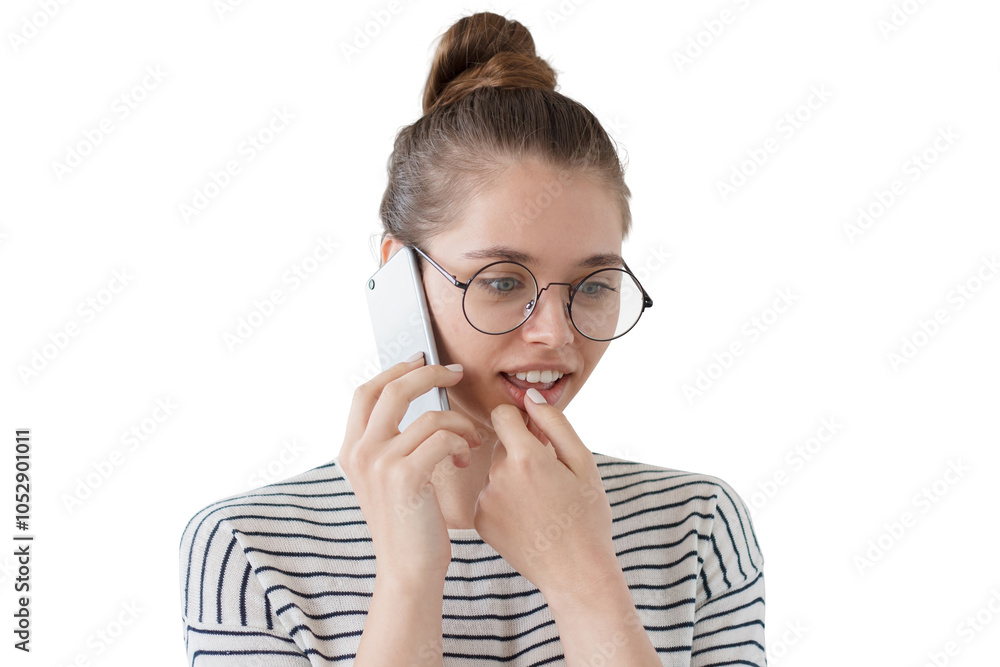 Young woman wearing glasses, talking on the phone Young woman wearing glasses, talking on the phone