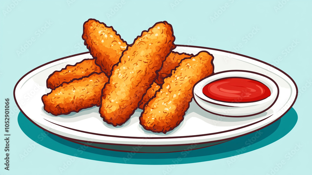 Crispy breaded chicken tenders served with a side of tangy dipping sauce on a plate